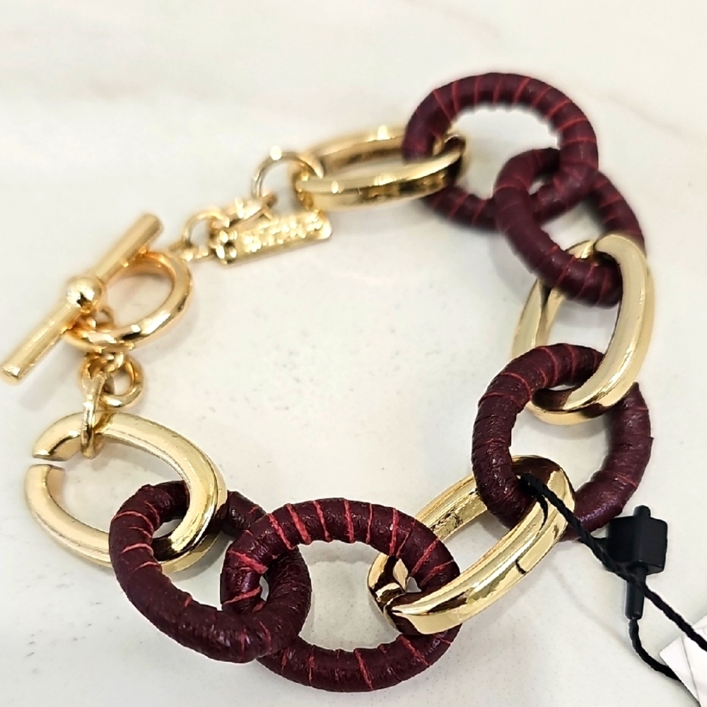 WHBM Genuine Leather Wrapped & Faux Gold Chain Link Bracelet‎ Western Rustic